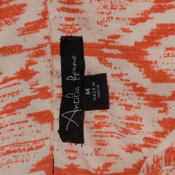 🍂Antilia Femme Coral & White Tribal Lines Button-Down Blouse w/Tab Sleeves Med. - Picture 11 of 16